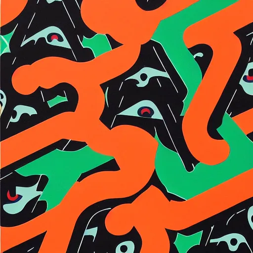 Prompt: Bape x Supreme x Dragon God Painting by Sachin Teng, asymmetrical, Organic Painting , Matte Painting, Black, Orange, Light Green, Red geometric shapes, hard edges, graffiti, street art,:2 by Sachin Teng:4