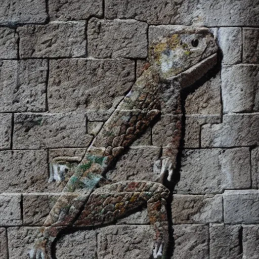 Image similar to a lizard, vhils, stone, wall