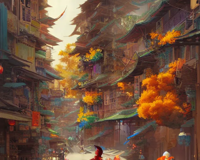 Prompt: street-level view of a great, colorful kitsune city, bamboo, flowers, anime, fox people, a fantasy digital painting by Greg Rutkowski and James Gurney, trending on Artstation, highly detailed