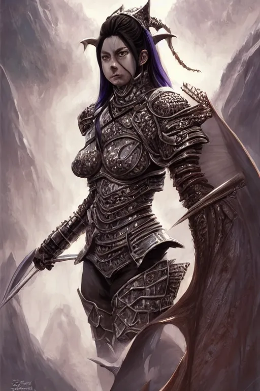 Image similar to A realistic anime portrait of a beautiful dark haired female orc knight wearing an intricate dragon plated armor, digital painting, by Stanley Artgerm Lau, Sakimichan, WLOP and Rossdraws, digital painting, painterly, Pixiv, Deviantart, golden ratio, rule of thirds, good composition, HD, 8k, award winning, promo art, splash art, rpg, jrpg, dungeons and dragons, DND, trending on ArtStation