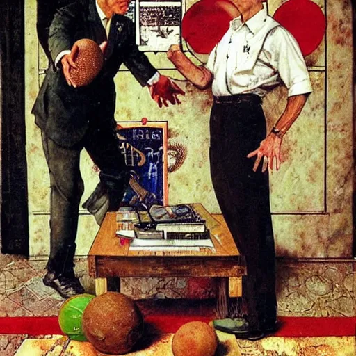 Image similar to benjamin netanyahu juggling, by norman rockwell and michael cheval