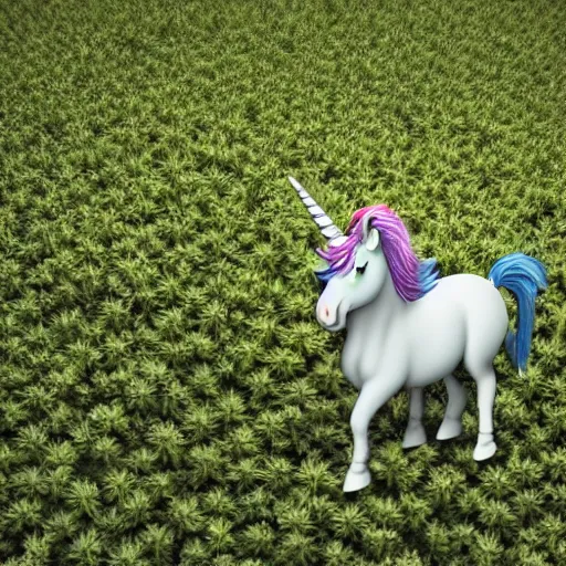 Image similar to a unicorn with wings standing in a field of marijuana eating the leaves, photography, 8 k, highly detailed, ultra realistic, path traced