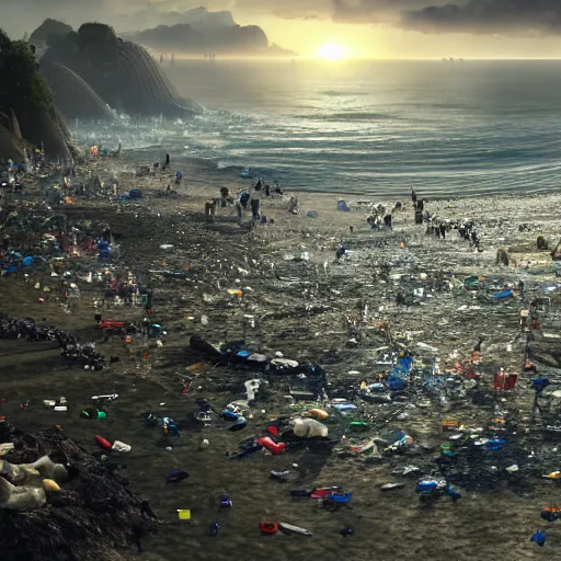 Prompt: tsunami of plastic bottles crashing on a beach, dim volumetric lighting, 8 k octane beautifully detailed render, post - processing, extremely hyper - detailed, intricate, epic composition, giant bananas natural disaster, cinematic lighting, masterpiece, trending on artstation, detailed detailed detailed, masterpiece, stunning art by anders zorn, wonderful masterpiece by greg rutkowski, beautiful cinematic light