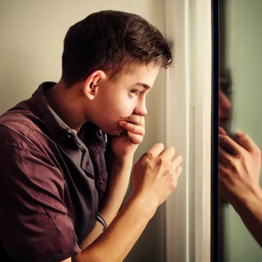 Image similar to a young man looks at an old reflection of himself