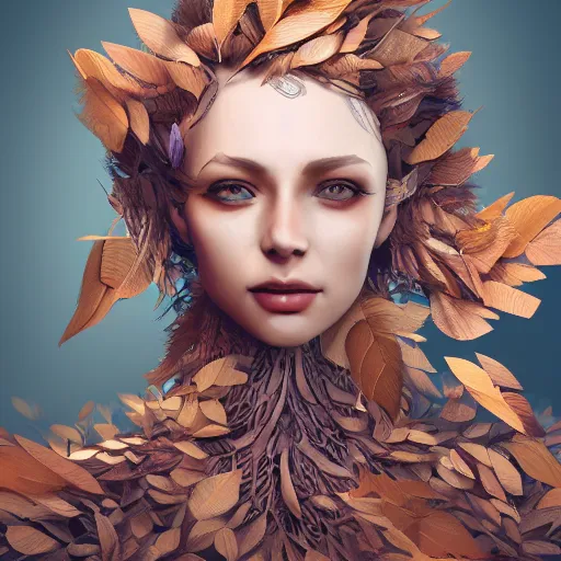 Prompt: a highly detailed digital image of a futuristic woman elegantly wrapped with leaves, artstation, extremely detailed woman, stunning volumetric lighting, hyper realism, fantasy 4k, art by Janice Sung