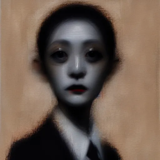 Image similar to yoshitaka amano blurred and dreamy minimalistic oil portrait of a young woman with black lipstick and black eyes wearing dress suit with tie, junji ito abstract patterns in the background, satoshi kon anime, noisy film grain effect, highly detailed, renaissance oil painting, wide brush strokes, weird portrait angle, blurred lost edges