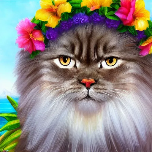 Prompt: oil painting portrait of a long haired fluffy himalayan cat wearing flower crown and lei necklace on tropical island background digital art, concept art, highly detailed, 3-D 4k, trending on art station, Mark Brooks,