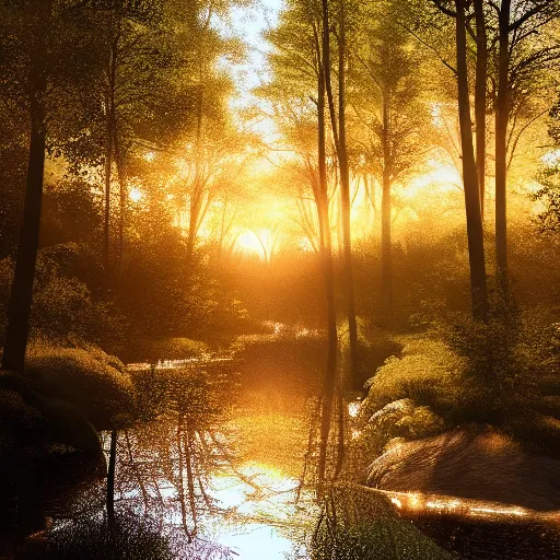 Image similar to river in a forest, golden hour, ray tracing reflection, 8k, hyper realistic, insainly detailed, hdr, octan render,