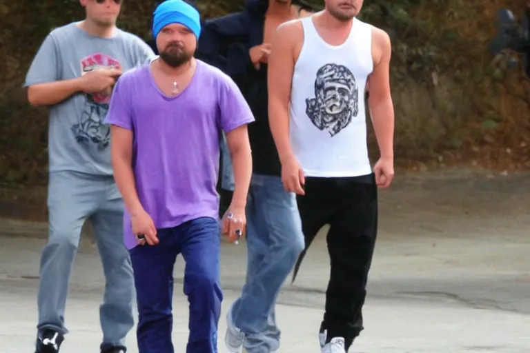 Image similar to medium full shot of leonardo dicaprio as a gang member wearing a purple head covering made from a polyester or nylon material and a stained white tank top caught sliding on a opp, arms covered in gang tattoo, paparazzi, leaked footage, uncomfortable, bad quality