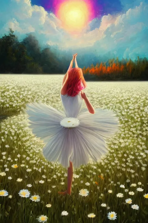 Image similar to giant white daisy flower as head, girl dancing in a flower field, surreal photography, sunrise, dramatic light, impressionist painting, colorful clouds, digital painting, artstation, simon stalenhag