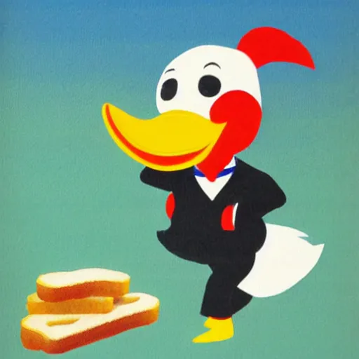 Prompt: Japanese anime style painting depicting an anthropomorphic duck dressed in a school uniform running to school while eating a piece of toast.