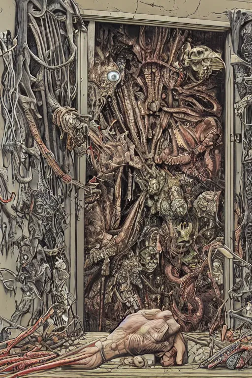 Image similar to a doorway to an impossible nightmare beyond comprehension, very very detailed painting by geof darrow and greg rutowski and hr giger