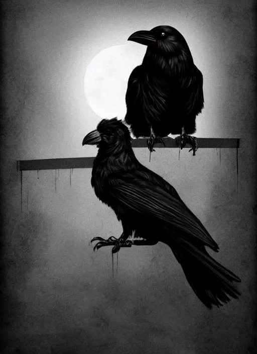 Image similar to a raven perched upon a windowsill at night in a gothic manor, black & white digital painting, trending on artstation