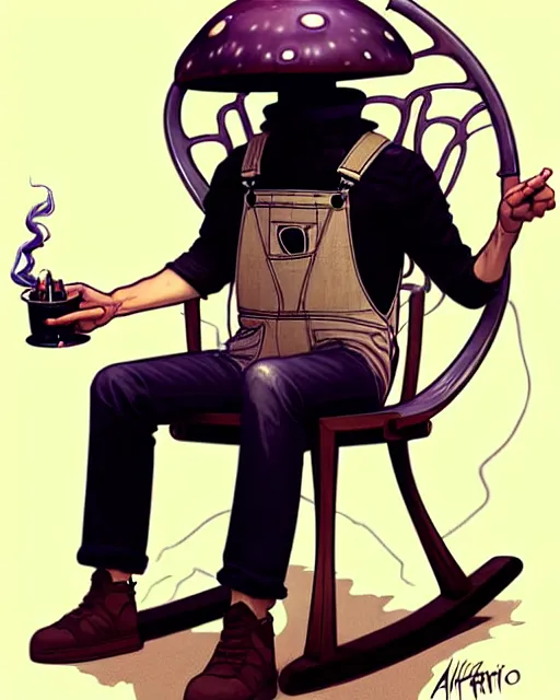 Image similar to male mushroom alien sitting in a rocking chair, wearing overalls, smoking a pipe, full body, art by artgerm and greg rutkowski and alphonse mucha