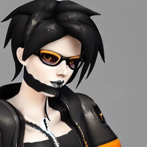 Image similar to a 3 d render of tracer from overwatch but in a gothic style, wearing black lipstick and black eyeliner, 4 k, detailed,