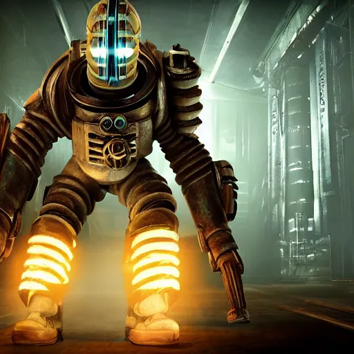 Image similar to isaac clarke as a bioshock big daddy, unreal engine 5, bioshock and deadspace crossover event, deadspace isaac clarke suit, high detail 3 d render,