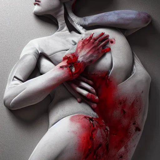 Image similar to hyperrealistic mixed media image of human corpse origami, broken bones and blood, stunning 3 d render inspired art by greg rutkowski and xiang duan and thomas eakes, perfect symmetry, flesh texture, realistic, highly detailed attributes and atmosphere, dim volumetric cinematic lighting, 8 k octane detailed render, post - processing, masterpiece,