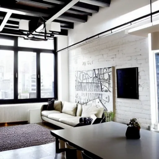Image similar to mural on the wall of a modern loft, beautiful architecture, popular interior design style