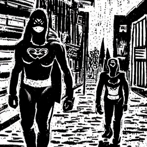 Prompt: masked wrestlers walking in a rainy alley, art by tomm coker and john paul leon, dramatic shadows