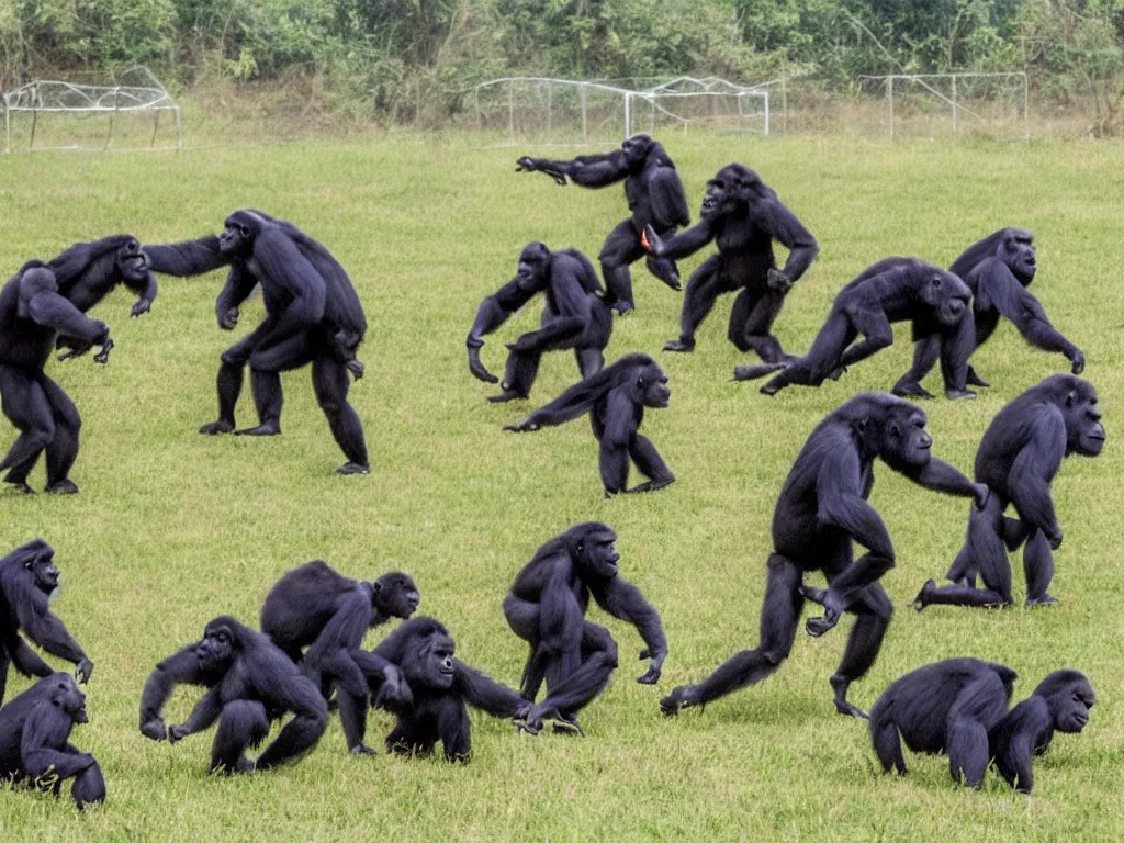 Prompt: gorillas playing a soccer game, vivid