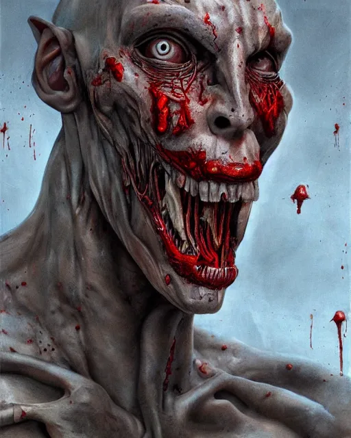 Image similar to Haunting horrifying hyperrealistic detailed painting of a tall slim flesh extraterrestrial creature made of concrete stone brick, covered in, heavy metal, disgusting, creepy, unsettling, and bloodshot eyeballs, hyper detailed, trending on Artstation