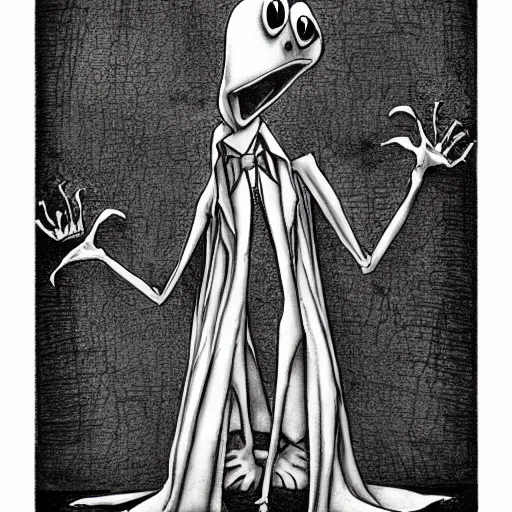 Image similar to michael karcz grunge cartoon drawing of kermit the frog. , in the style of corpse bride, loony toons style, horror themed, detailed, elegant, intricate