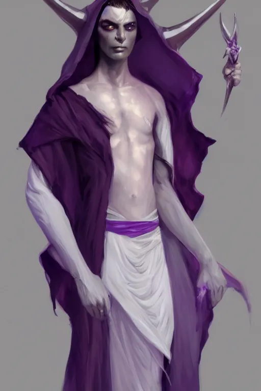 Prompt: djinn human male hybrid, concept art, full body purple and white cloak, single face, illustration, costume design, white horns, editorial photo, fashion, hyperrealism, realism, trending on artstation, Charlie Bowater, WLOP