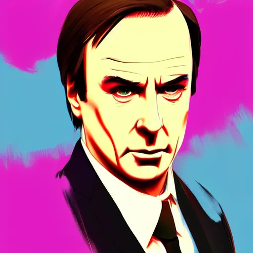 Image similar to saul goodman in ilya kuvshinov style, professional digital painting, wild brush strokes, concept art, award - winning photography, cinematic, wlop, color block, pop, hip, art by andy warhol, pixiv art, yoshitaka amano