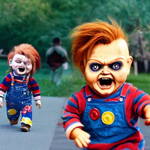 Prompt: screaming chucky doll chasing george rr martin