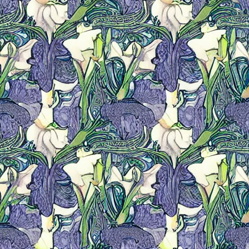 Image similar to a seamless pattern, a pattern of irises and calla lilies, repeating art, symmetry, aligned edges, art by alphonse mucha, art by sherree valentine daines