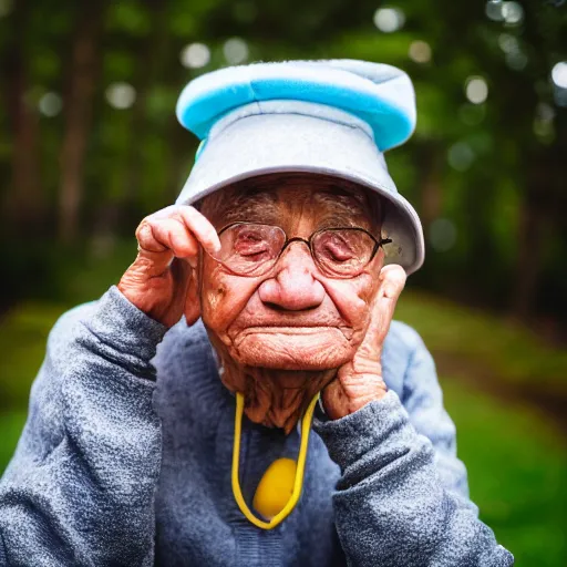 Image similar to portrait of an elderly man wearing a hotdog hat, 🌭, canon eos r 3, f / 1. 4, iso 2 0 0, 1 / 1 6 0 s, 8 k, raw, unedited, symmetrical balance, wide angle