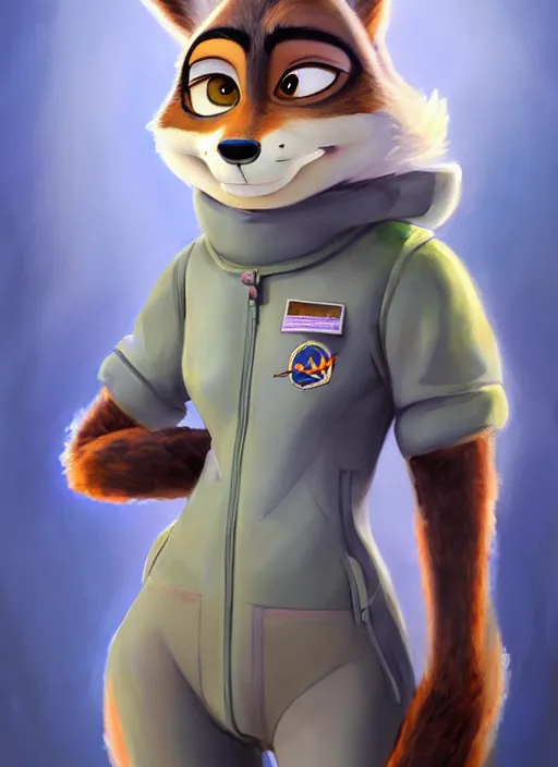 Image similar to oil painting detailed full body of anthromorphic female wolf, in style of zootopia, zootopia, zootopia, fursona, furry, furaffinity, 4 k, deviantart, furry art, fursona art, wearing astronaut outfit, in style of zootopia, wolf fursona, cyberpunk, female, detailed feminine face,