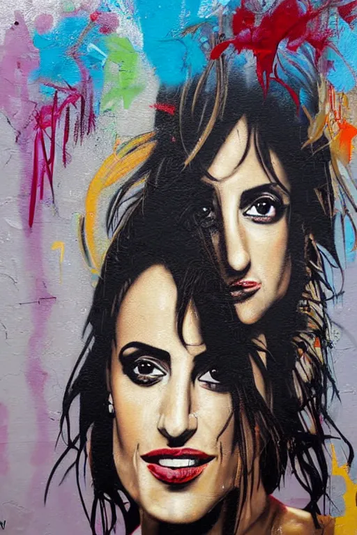 Image similar to oil painting, portrait of penelope cruz, wall with graffiti, splash painting, by bansky