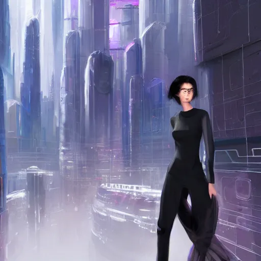 Image similar to scifi art by greg rutkowsky, a very tall and slim girl with black bob hair with two strands around her face, wearing a oversized jumper jumpsuit, walking through a futuristic city, scifi environment, highly detailed portrait, digital painting, artstation, concept art, smooth, sharp foccus ilustration, artstation hq