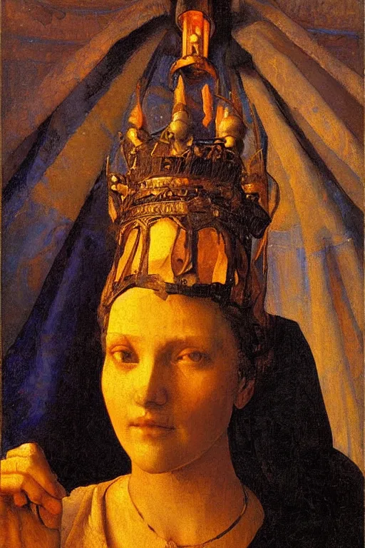 Prompt: queen of the twilight with her lantern , by Annie Swynnerton and Nicholas Roerich and Vermeer, strong dramatic cinematic lighting , ornate headdress , lost civilizations, smooth, sharp focus, extremely detailed