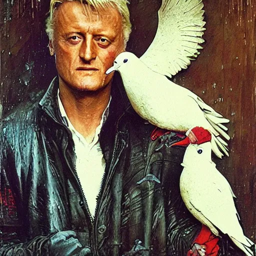 Image similar to rutger hauer as roy batty standing in the rain and holding a dove, painted by norman rockwell and tom lovell and frank schoonover