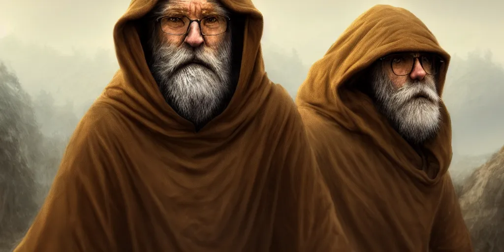 Image similar to a hooded wise old man with a long white beard wearing a brown hooded tunic riding a ( beautiful lion ), majestic, epic digital art, cinematic, trending on artstation, superb detail 8 k, wide - angle, masterpiece