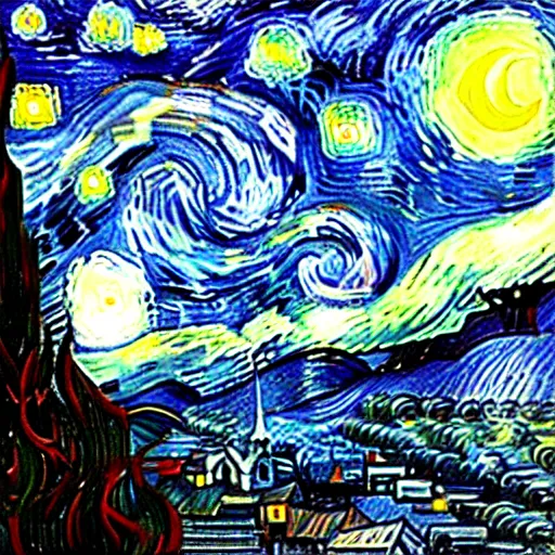 Prompt: A starry night sky, with a city in the distance, sharp focus, no blur, 50mm lens, 4k, by Vincent Parker and Vincent van Gogh