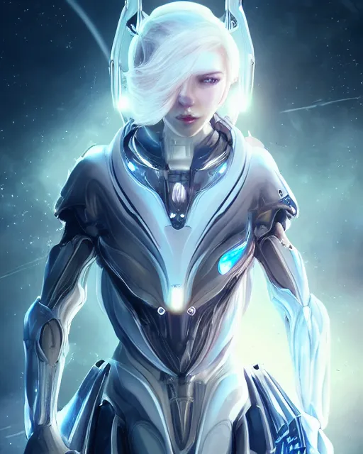 Image similar to photo of a beautiful girl on a mothership, android, warframe armor, pretty face, scifi, futuristic, galaxy, raytracing, dreamy, perfect, aura of light, pure, white hair, blue cyborg eyes, glow, insanely detailed, artstation, innocent look, art by gauthier leblanc, kazuya takahashi, huifeng huang