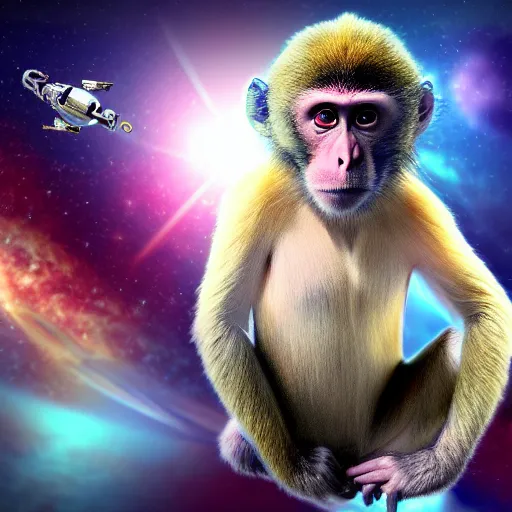 Prompt: monkey wearing a space suite in space, 4k wallpaper, high quality photo