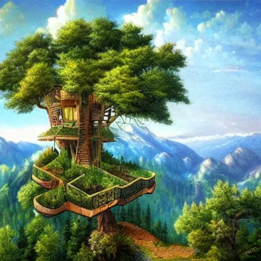 Prompt: fancy treehouse mansion on top of a mountain overlooking a view of the valley magical realism detailed painting