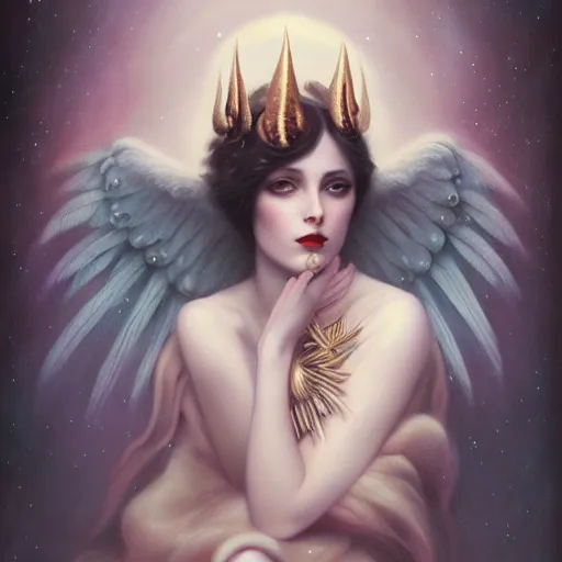 Prompt: portrait of a beautiful, elegant winged goddess with horns by tom bagshaw