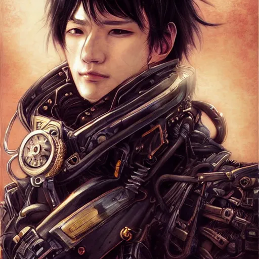 Image similar to portrait of a man by ayami kojima, japanese, he is about 2 0 years old, black short hair with bangs, he is wearing a steampunk tactical gear, highly detailed portrait, digital painting, artstation, concept art, smooth, sharp foccus ilustration, artstation hq