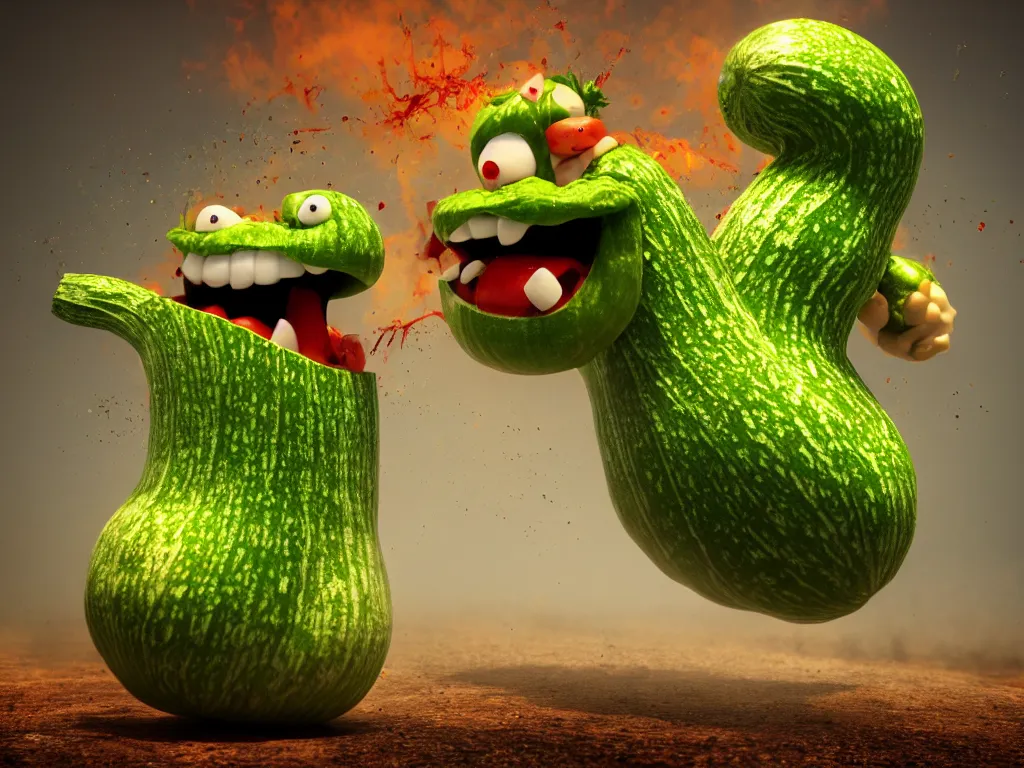 Prompt: highly detailed 3 d render of a raging mad angry zucchini character, guns blazing, dirt road showdown, wimpy tomates scattered everywhere, high speed action, explosions, dramatic scene, hyper realistic octane render, cinematic lighting, tomato splatter, deviantart, black sky, lowbrow, surrealism, pixar still, mayhem