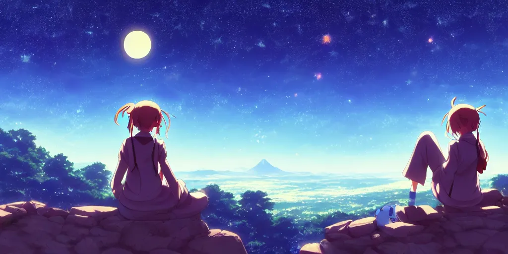 Image similar to a schoolgirl girl sat on the hillside and looked at the stars in the night sky, beautiful moonlight, rich vivid colors spectacular milky way, shining meteor, pale blue light from the moon, ambient lighting, dynamic lighting, official media, anime key visual, detailed, artwork by makoto shinkai. - h 5 7 6