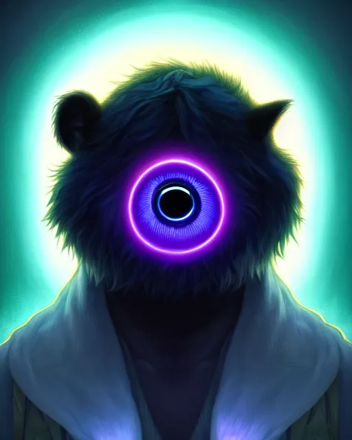 Image similar to asymmetrical portrait of a cute furry bioluminescent male creature with big glowing eyes, concept art, expressive, highly detailed, digital painting, cinematic lighting, hyperrealism, dark retrowave, art by stanley lau and artgerm and magali villeneuve and alphonse mucha, artstation, octane render, cgsociety