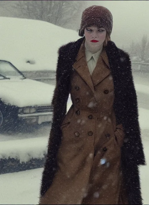 Prompt: emma stone getting out of taxi in winter, faded color film, russian cinema, tarkovsky, kodachrome, old clothing, heavy fog, 4 k, dramatic lighting, greg rutkowski