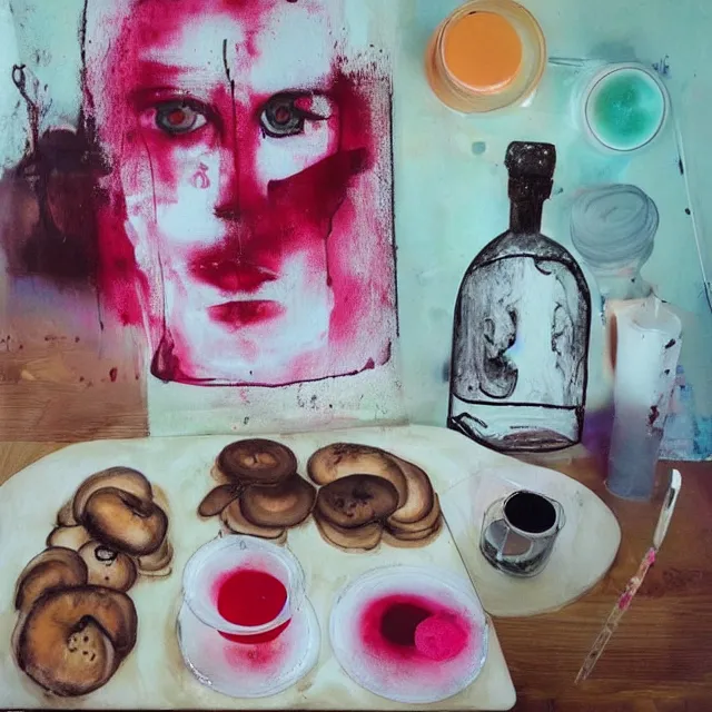 Image similar to “ sensual, neo - expressionism, surrealism, a portrait in a female art student ’ s apartment, pancakes, mushrooms,, art supplies, a candle dripping white wax, berry juice drips, acrylic and spray paint and oilstick on canvas ”