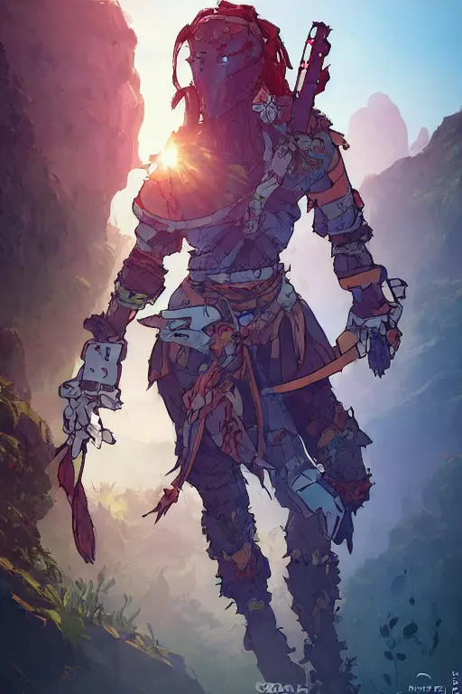 Image similar to combination suit armor aloy horizon forbidden west horizon zero dawn robot ninja mask helmet backpack tribal, art gta 5 comics, official fanart behance hd artstation by jesper ejsing, by rhads, makoto shinkai and lois van baarle, ilya kuvshinov, ossdraws radiating a glowing aura cgi rtx 2 0 2 2