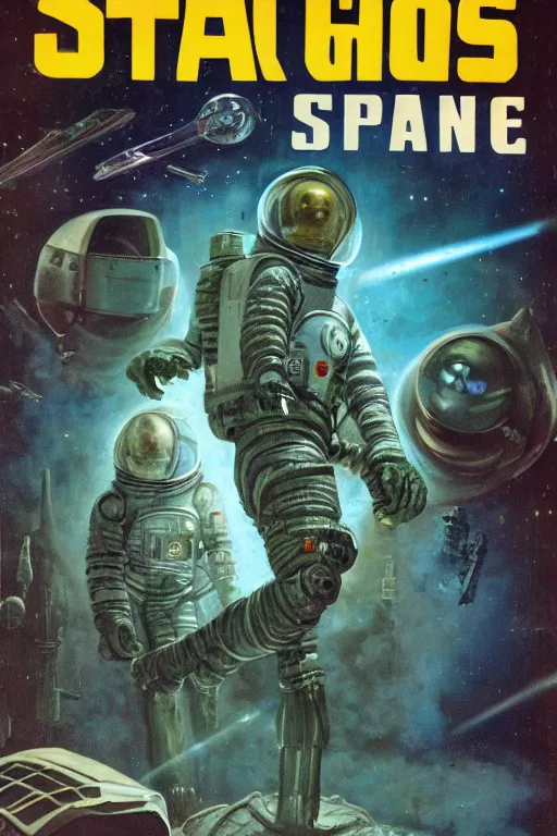 Image similar to photo of poor condition, torn, stained, vintage pulp scifi science fiction magazine cover on a table top, showing men wearing space suits shooting laser beams at a monster in an alien city, illustrated by basis gogos and arle bergey, 4 k, high definition